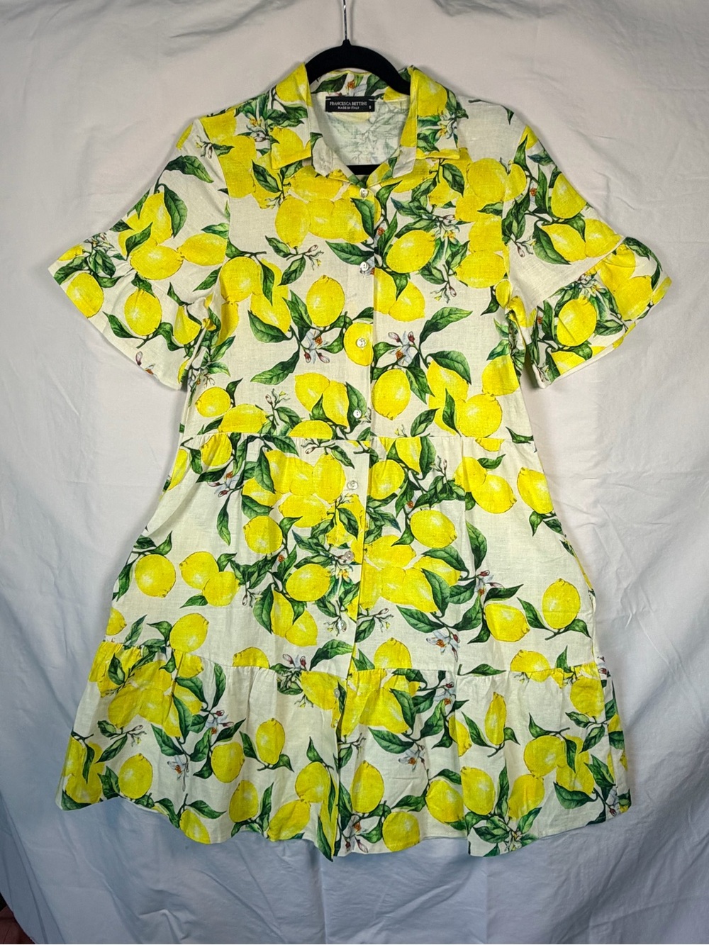 Francesca Bettini Italian Lemon Print Linen Tiered Shirt Dress S